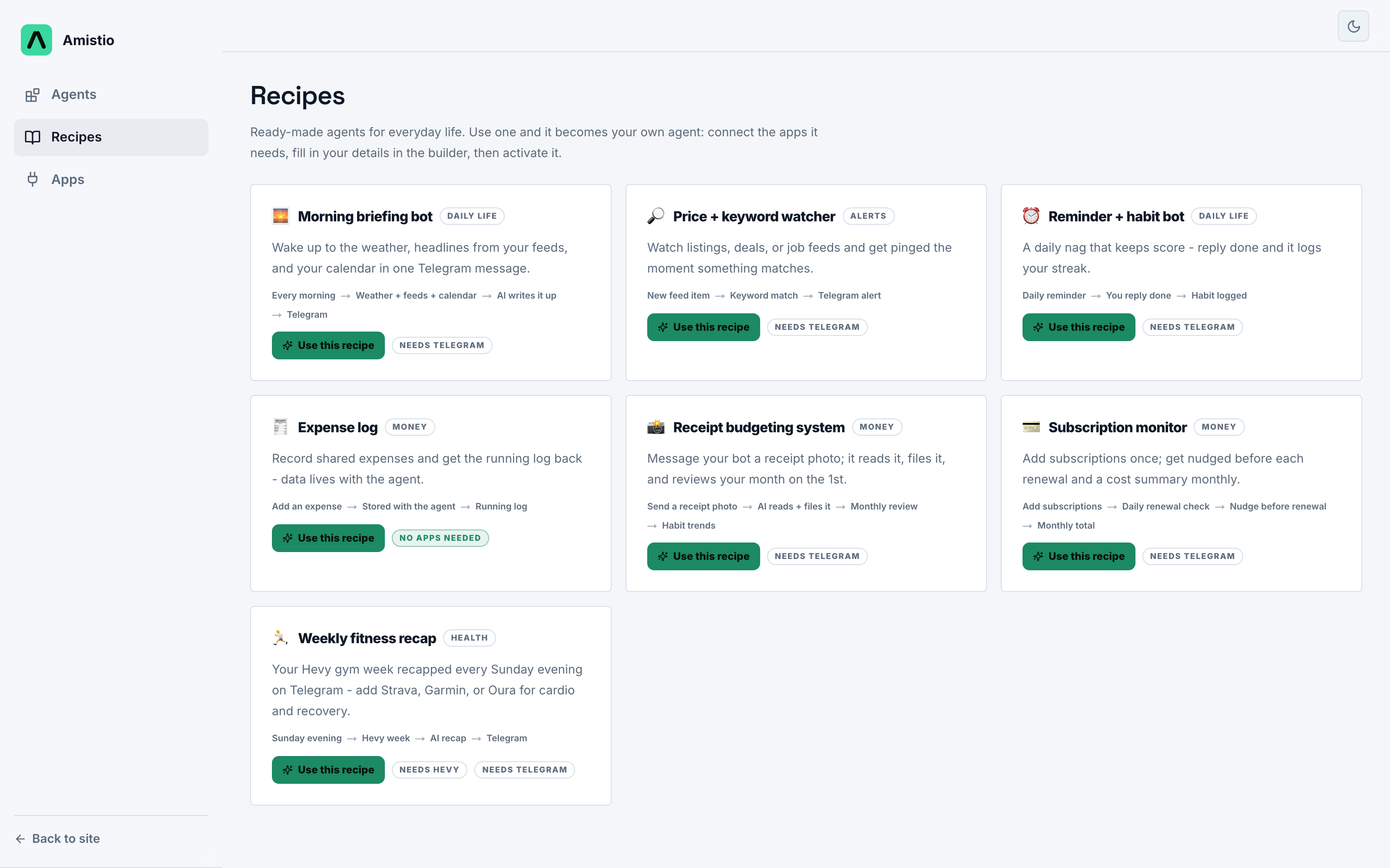 The recipe gallery inside the builder: morning briefing, price watcher, reminder bot, expense log, receipt budgeting, and subscription monitor cards