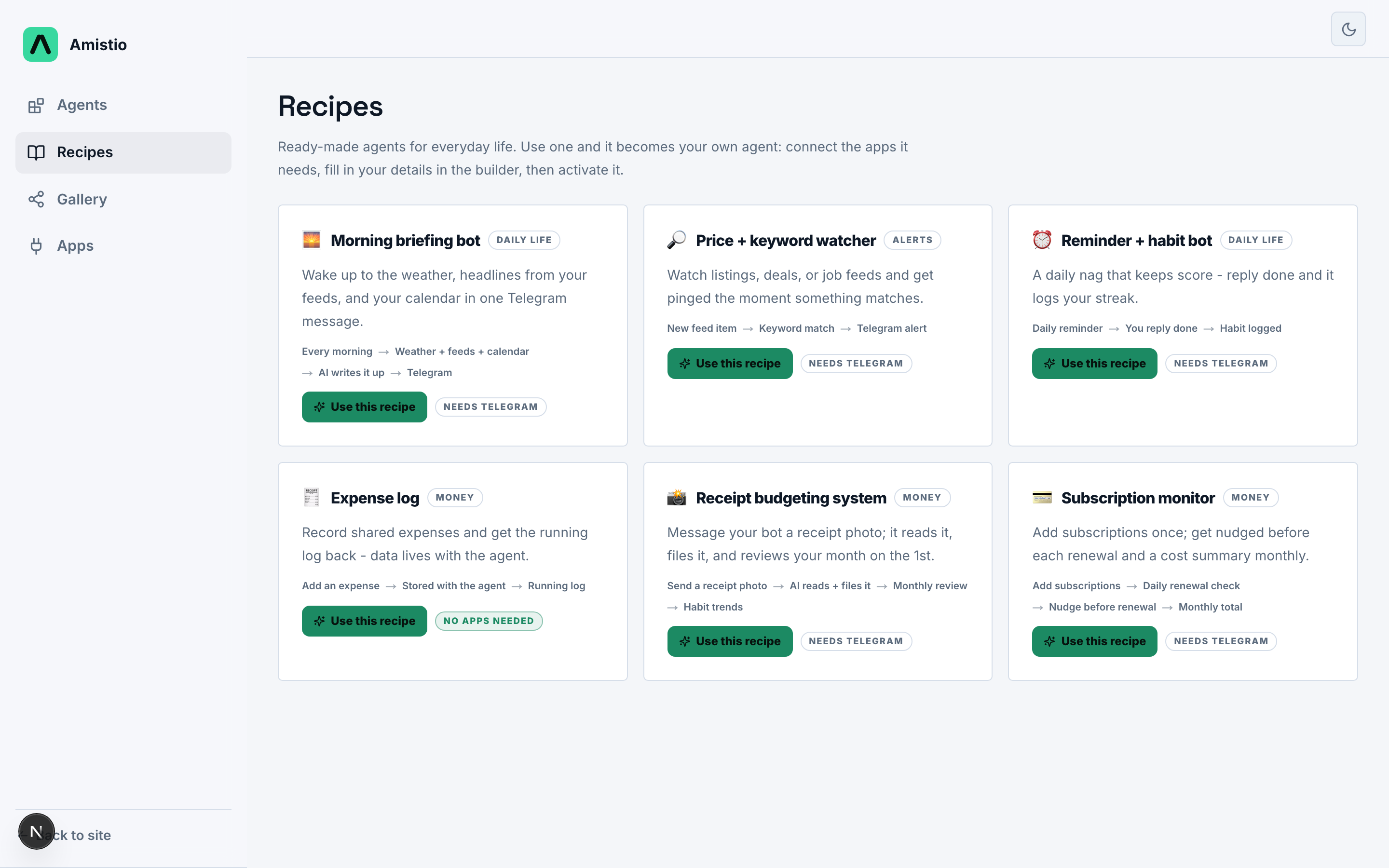 The recipe gallery inside the Amistio builder